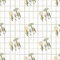 Light beige and grey mushrooms seamless pattern. Doodle wild forest print with white chequered background. vector