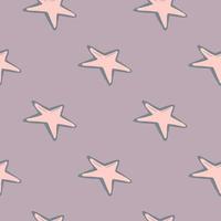 ornamento de estrella minimalista patrón dibujado a mano sin costuras. impresión espacial de garabatos con elementos rosas sobre fondo púrpura pastel. vector