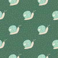 Blue and beige colored snails elements seamless pattern. Green dotted background. Childish animal backdrop. vector