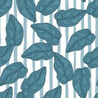 Random seamless pattern with botanic outline blue leaves silhouettes. Striped background. vector