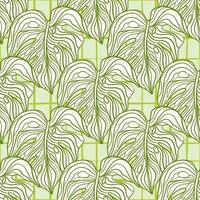 Green outline monstera foliage shapes seamless pattern in abstract geometric style. Chequered background. vector