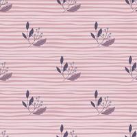 Minimalistic seamless pattern with doodle berry ornament and leaves. Pink and grey striped background. vector