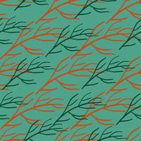 Nature seamless minimalistic autumn pattern with doodle branches shapes. Turquoise background. vector