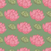 Contrast seamless pattern with pink lotus elements print. Green background. Nature summer bloom artwork. vector