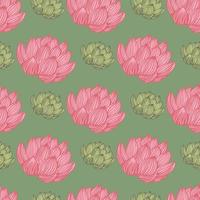 Contrast seamless pattern with pink lotus elements print. Green background. Nature summer bloom artwork. vector