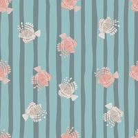 Scrapbook aquatic seamless pattern with doodle lionfish shapes. Blue striped background. Sea design. vector