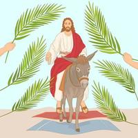Palm Sunday, Jesus riding donkey entering Jerusalem with palm leaves. vector