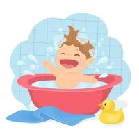 bebé riendo feliz tomando un baño jugando con burbujas de espuma. vector