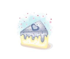 Cute blueberry cake slices with heart candy topping. Delicious cakes in hand drawn style vector