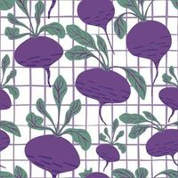 Hand drawn beet seamless pattern on stripes background. Doodle beetroot wallpaper. vector