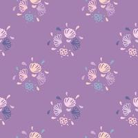 Hand drawn flowers seamless pattern. Doodle botanic elements in sift tones on purple background. vector