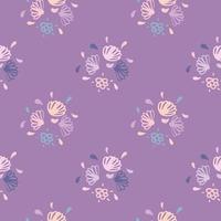 Hand drawn flowers seamless pattern. Doodle botanic elements in sift tones on purple background. vector