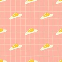 Diagonal eggs ornament seamless stylized pattern. Omelette doodle sketch on pink chequered background. vector