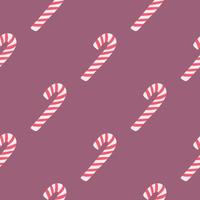 Minimalistic seamless new year pattern with red and white colored candy elements. Purple background. Sweet print. vector