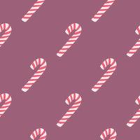 Minimalistic seamless new year pattern with red and white colored candy elements. Purple background. Sweet print. vector