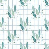 Simple naive seamless pattern with tree leafs in blue tones. Stylized floral print with white background with check. vector