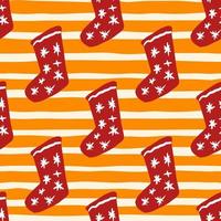 Doodle seamless pattern with new year socks ornament. Christmas red clothes elements with stars on orange stripped backdrop. vector