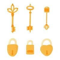Set keys and locks on white background. Abstract element for doors in doodle. vector