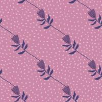 Minimalistic botanic pattern with purple flower silhouettes. Decorative print with lilac dotted background. vector