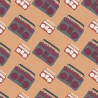 Seamless stylized music pattern with tape recorders. Grey 80s ornament on orange pale background. vector