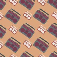 Seamless stylized music pattern with tape recorders. Grey 80s ornament on orange pale background. vector