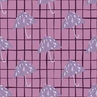 Fall seamless doodle season pattern with umbrella silhouettes. Accessory print in lilac tones with chequered background. vector