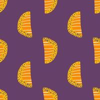 Bright orange slices seamless pattern. Abstract doodle fruit silhouettes on purple background. vector