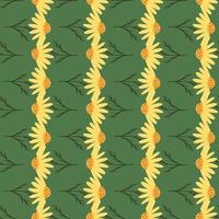 Decorative seamless pattern with abstract yellow daisy ornament. Flowers print on green background. vector