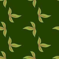 Herbal seamless pattern with hand drawn simple leaf ornament. Dark green background. vector