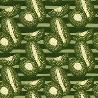 Vegeterian seamless doodle pattern with abstract kiwi slices shapes. Green striped background. Food backdrop. vector