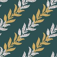 Seamless pattern with botanic hand drawn grey and orange foliage silhouettes on turquoise background. vector