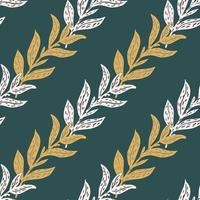 Seamless pattern with botanic hand drawn grey and orange foliage silhouettes on turquoise background. vector