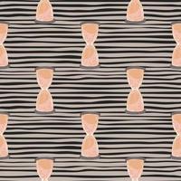 Orange hourglass silhouettes seamless simple pattern. Clock print with brown striped background. vector