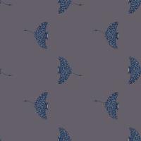 Dark underwater seamless pattern with doodle stingray elements. Grey background. Blue ornament. vector