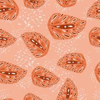 Summer seamless pattern with random orange folk monstera leaf shapes. Pink background with splashes. vector