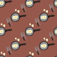 Breakfast with eggs seamless doodle pattern. Dishware ornament with omelette on brown background. vector