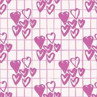Lilac heart hand drawn elements seamless pattern. White background with check. Simple love backdrop. vector