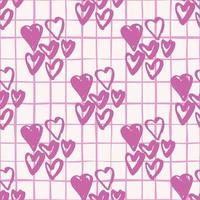 Lilac heart hand drawn elements seamless pattern. White background with check. Simple love backdrop. vector