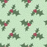 Seamless pale pattern with green mistletoe shapes. Christmas branches on dotted background. Festive new year print. vector