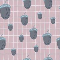 Random seamless patten with grey colored acorn shapes. Pale lilac background with check. vector