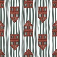 Home europe architecture seamless pattern with maroon house print. Striped background. vector