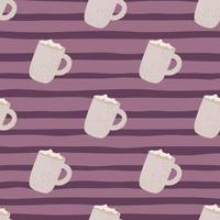 Pastel holiday winter chocolate cups with marshmallow seamless pattern. Purple striped background. vector