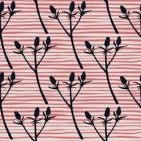 Black thorn branch silhouettes seamless pattern. Stripped background with red and white lines. Floral backdrop. vector