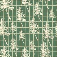 Random seamless pattern with hand drawn light outline branches. Green background with check. vector