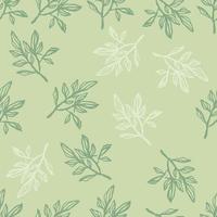 Random spring seamless pattern with green and white contoured branches. Light pastel olive background. vector