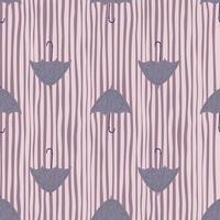 Doodle season umbrella silhouettes seamless pattern. Purple pastel colored accessory elements on striped background. vector