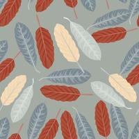 Simple seamless random pattern with leaves. Botanic silhouettes in maroon, beige and blue colors on grey background. vector