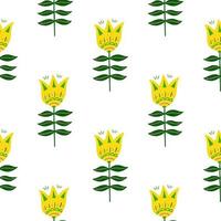 Cute yellow flower folk art seamless pattern isolated on white background. vector