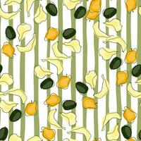 Decorative seamless pattern with random fruits summer shapes. Striped background. Banana, apple, pear and apple shapes. vector