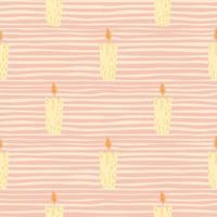 Scandy cozy seamless pattern with yellow pastel candles ornament. Pink striped background. vector